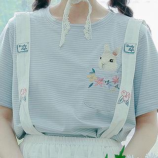 Rabbit Embroidered Pocket Stripe T-shirt