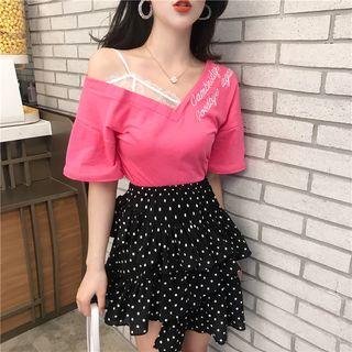 Embroidered Short-sleeve T-shirt / Tiered Dotted Skirt