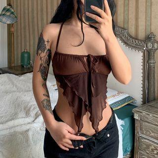 Tie-front Ruffled-trim Crop Halter-neck Top