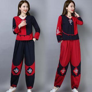 Set: Long-sleeve Embroidered Top + Harem Pants