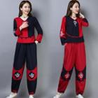 Set: Long-sleeve Embroidered Top + Harem Pants