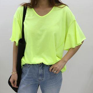 Round-neck Ruffle-sleeve T-shirt One Size