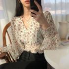 V-neck Floral Print Cropped Blouse Red Floral - White - One Size