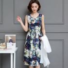 Set: Print Sleeveless A-line Dress + Short-sleeve Light Jacket