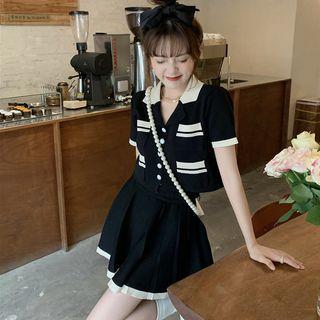 Set: Short-sleeve Button Knit Top + Mini Skirt