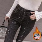 High-waist Frayed Sequined Slim Fit Jeans