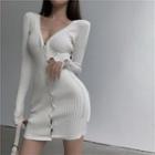 V-neck Long-sleeve Mini Bodycon Knit Dress White - One Size