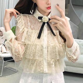 Set: Ruffle Trim Lace Blouse + Camisole