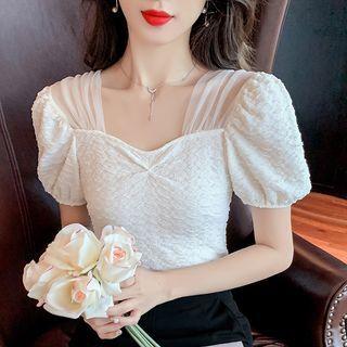 Puff-sleeve Shirred Knotted Blouse