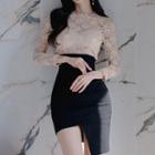 Long-sleeve Lace Panel Asymmetrical Mini Sheath Dress