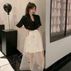 Short-sleeve Crop Blazer / Mesh Midi A-line Skirt
