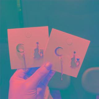 Asymmetrical Cat Moon & Star Drop Earring