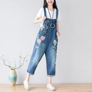 Embroidered Denim Jumper Pants Blue - One Size