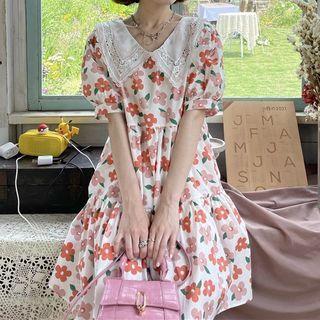 Puff-sleeve Peter Pan Collar Floral Print A-line Dress