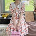 Puff-sleeve Peter Pan Collar Floral Print A-line Dress