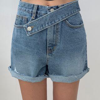 Wrap-detail Fray-hem Denim Shorts