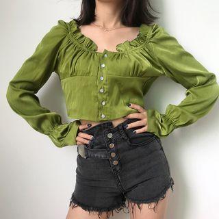 Long-sleeve Frill Trim Button-up Cropped Blouse