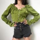 Long-sleeve Frill Trim Button-up Cropped Blouse