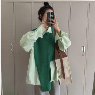 Asymmetric Plain Knit Vest / Long-sleeve Plain Shirt