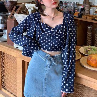 Flower Print Cardigan / Cropped Camisole Top
