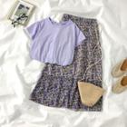 Short-sleeve Plain T-shirt / Floral Print Midi A-line Skirt