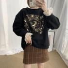 Mock Two-piece Bell-sleeve Printed Pullover Black - One Size