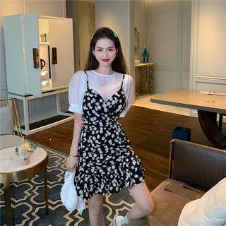 Puff Short-sleeve Blouse / Floral Print Spaghetti-strap Dress