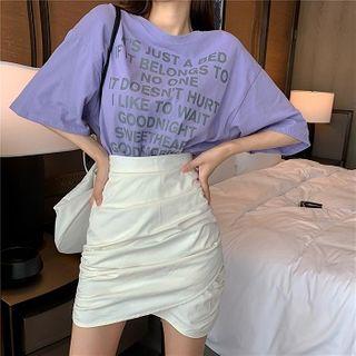 Letter Print Loose-fit Top / High-waist Ruched Skirt