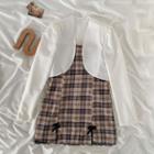 Open-front Jacket / Spaghetti-strap Plaid Mini A-line Dress / Set