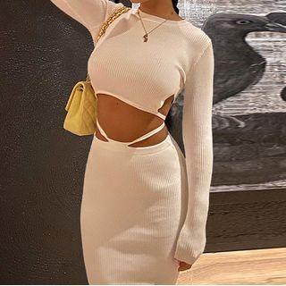 Set: Ribbed Knit Tie-waist Crop Top + Sheath Midi Skirt
