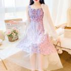 Set: Wide Strap Floral Print Midi A-line Dress + Shirt