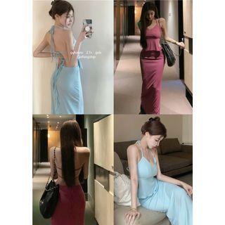 Open Tie-back Plain Halter Top / High-waist Maxi Skirt