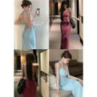 Open Tie-back Plain Halter Top / High-waist Maxi Skirt