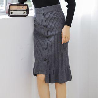 Asymmetric Button-front Ruffled Trim Knit Skirt