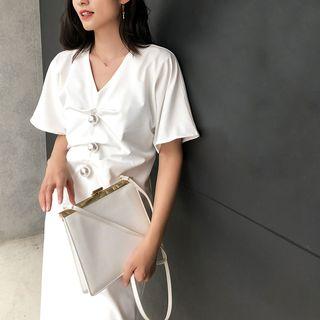 Short-sleeve Faux Pearl Midi Dress