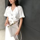 Short-sleeve Faux Pearl Midi Dress
