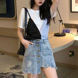 Set: Mock Two-piece Short-sleeve T-shirt + Distressed Denim Mini A-line Skirt
