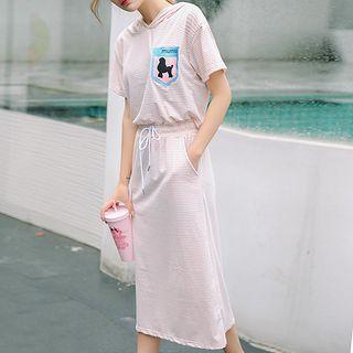 Short-sleeve Dog Embroidered Hooded Midi Dress