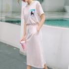 Short-sleeve Dog Embroidered Hooded Midi Dress