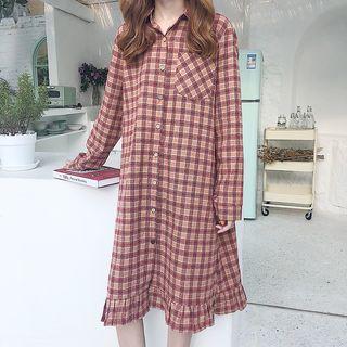 Ruffled Hem Plaid Shirt Dress Red - One Size