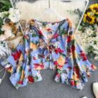 Flower Print Bell-sleeve Open-front Cropped Jacket