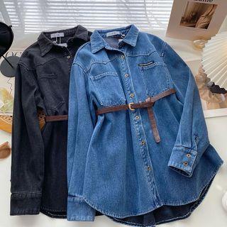 Long-sleeve Fleece Denim Top With Belt