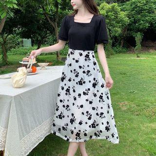 Short-sleeve Floral Chiffon Panel Dress