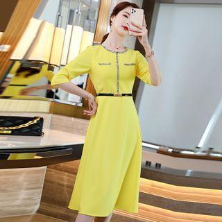 Elbow-sleeve Contrast Trim Midi A-line Dress With Belt