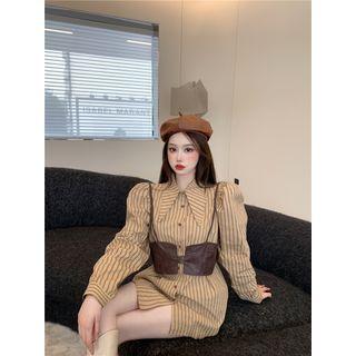 Set: Striped Shirt + Faux Leather Camisole Top Set Of 2 - Shirt & Camisole Top - Khaki & Dark Brown - One Size