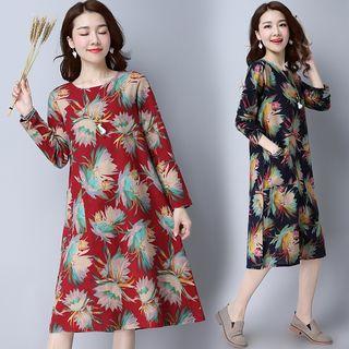 Print 3/4-sleeve Linen Cotton Dress