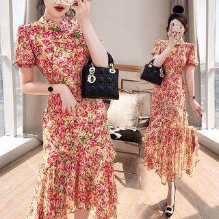 Puff-sleeve Asymmetrical Floral Print A-line Dress