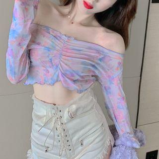Long-sleeve Off Shoulder Print Crop Top Pink & Blue - One Size