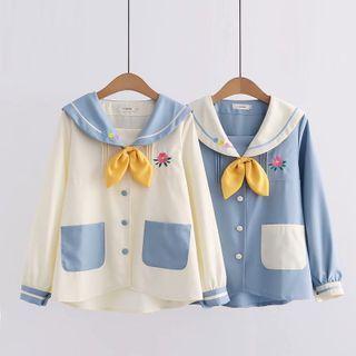 Long-sleeve Floral Embroidered Sailor Collar Top