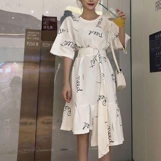 Lettering Asymmetrical T-shirt Dress With Belt